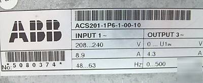 Abb acs 200 - 1P6 - 1 -00-10 ac driver 3 phase 1 hp