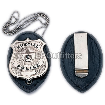 Steel clip on heavy duty leather badge holder