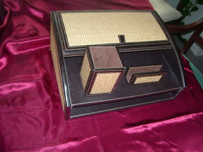 Three piece desk set / holder w/ covered compartment