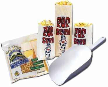 48 popcorn 4OZ salt ready pack, scoop, & 1000 1OZ bags