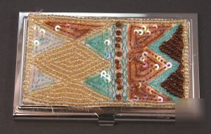 Brown & aqua sequin silver tone business card case