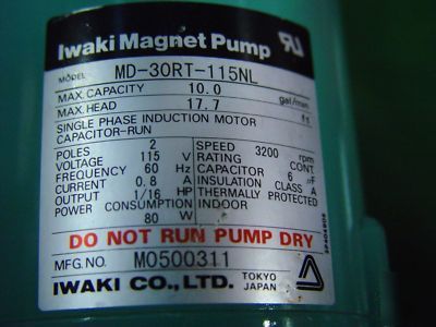 Mint iwaki magnet magnetic pump m#md-30RT-115NL 10GPM