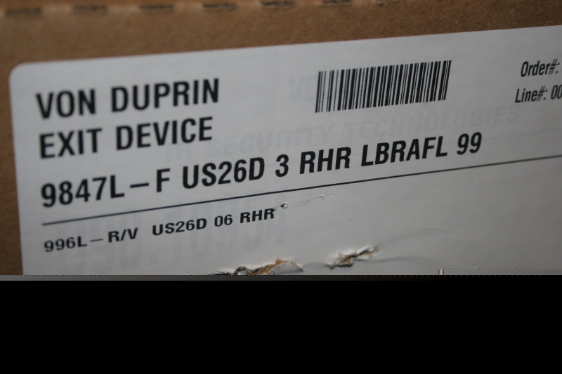 Von durpin exit device 9847L-f US26D 3 rhr lbrafl 99 