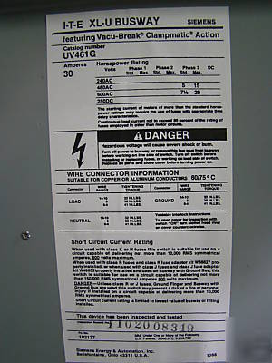 New ite xl-u 30 amp bus plug disconnect busway siemens