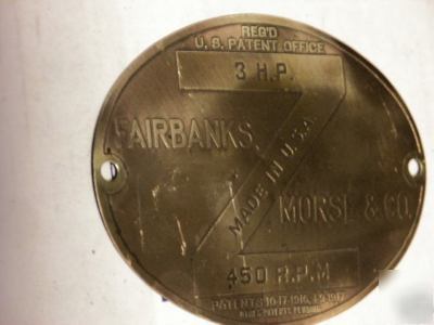 Antique fairbanks morse engine brass tag. 3 hp model z