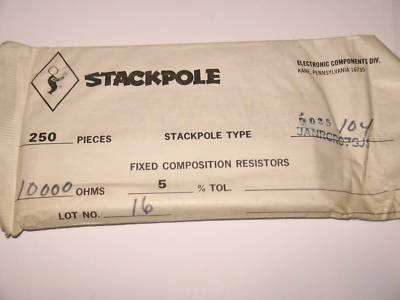 Stackpole 100K carbon comp resistors 250PK 1/4W rcr jan