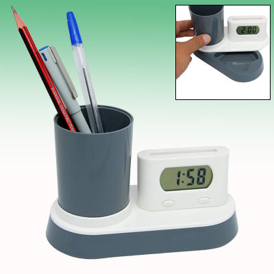 Rotatable pen holder desk clock business card holder