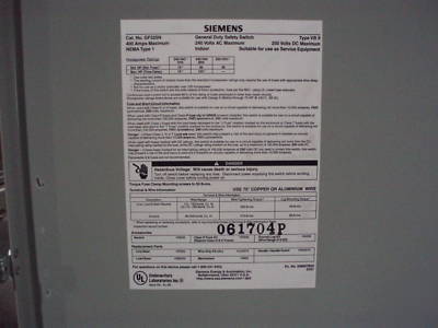 Siemens 400 amp 240 volt fused disconnect switch w/fuse