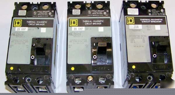 3 square d thermal magnetic circuit breakers:20/30 amps