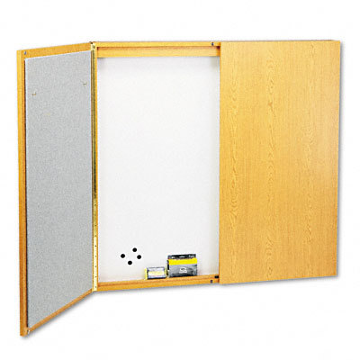 Cabinet, dry erase, fabric steel, white, oak frame