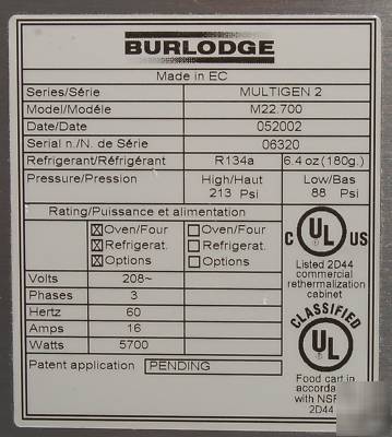 Convection oven+refrigerator/warmer - retherm- burlodge