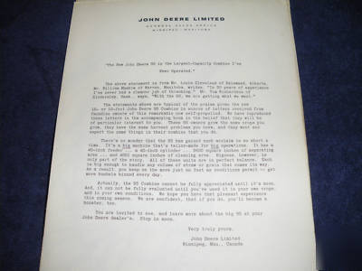 Old john deere 95 combine book and factory letter 1959