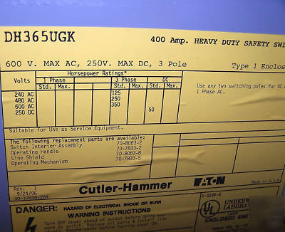 Cutler hammer 400 amp non-fused safety switch nema 1 