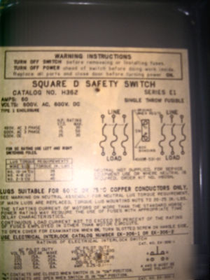 Square d 60AMP 3PH safety switch fusible h-362 series e
