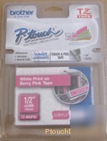 Brother TZMQP35 p-touch label tape, white on berry pink