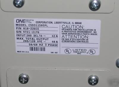 Oneac model CSD31150SPL 3 phase power conditioner