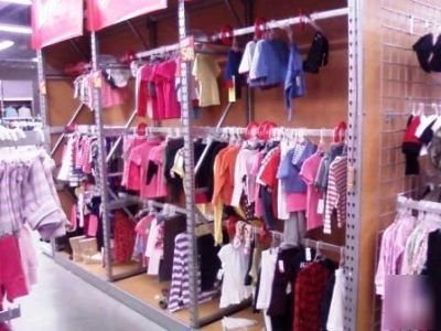 Clothing store display racks closet style wood shelves