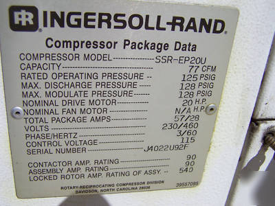 Ingersoll-rand 20 hp air compressor w/ dryer, tank etc