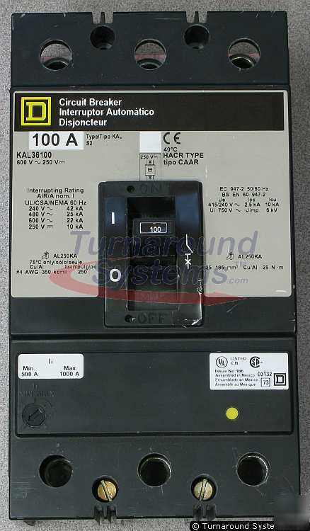 Square d KAL36100 circuit breaker, 100 amp, 600 volt