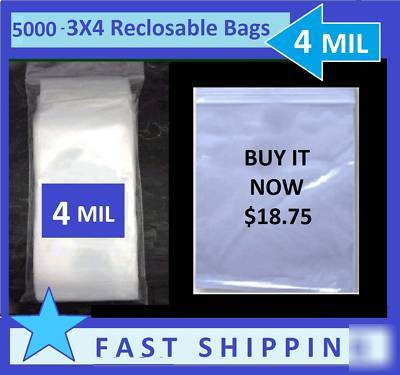 5000 - 3 x 4, 4 mil ziplock poly zipper zip bags clear