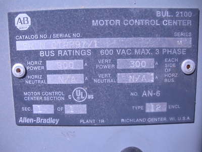 Ab allen bradley bul. 2100 motor control center/starter