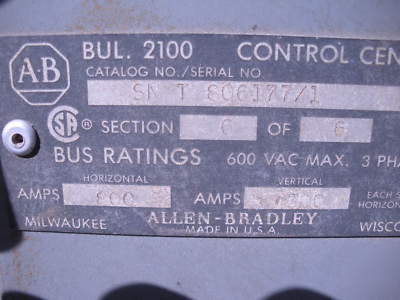 Ab allen bradley bul. 2100 motor control center/starter