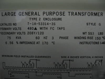 75 kva transformer pri 480V sec 208Y/120 3 ph dry type