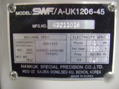 Swf/a-UK1206-45 6-head 12-needle embroidery machine 