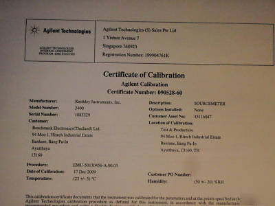 Keithley 2400 sourcemeter, recent calibration with docs