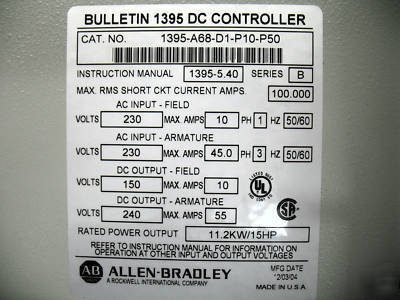 Allen bradley 1395-A68-D1-P10-P50 11.2KW 15HP dc drive 