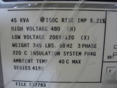 45 kva transformer pri 480V sec 208Y/120 3 ph dry type