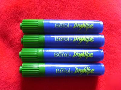 4 berol drywipe chisel tip green whiteboard marker pens