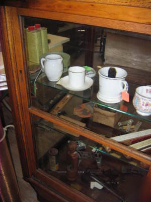 Antique oak hardware display cabinet glass shelves 