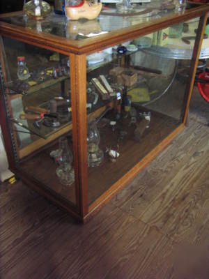 Antique oak hardware display cabinet glass shelves 