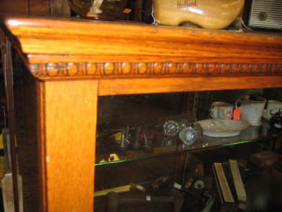 Antique oak hardware display cabinet glass shelves 