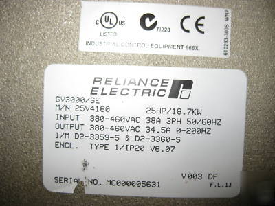 Reliance electric re 25V4160 25HP GV3000 vs drive 25 hp