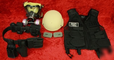 Police canvas duty belt, vest, helmet, gas mask