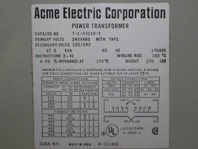 Acme transformer 37.5 kva 240/480 120/240 37.5KVA 