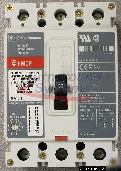 Cutler-hammer HMCP050G2C motor circuit breaker, 50 amp