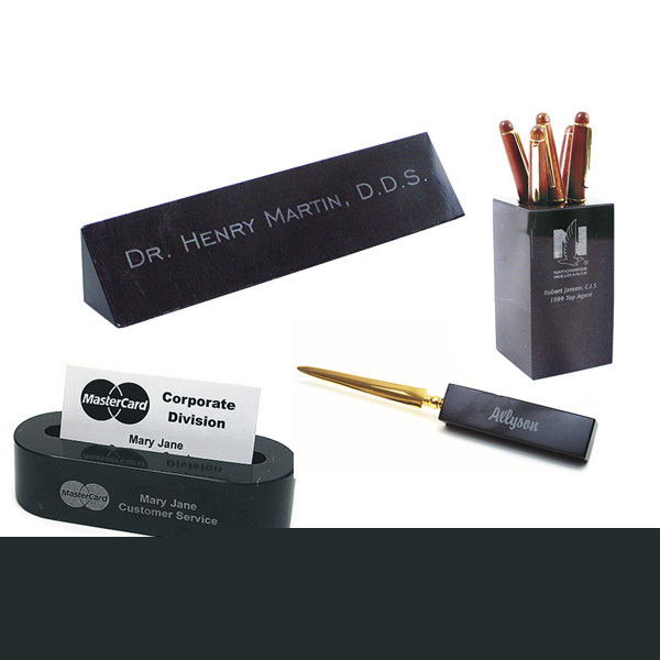 Elegant solid black marble desk set engraved free 