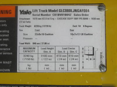 2002 yale 8000 lb lp gas forklift sideshift + warranty