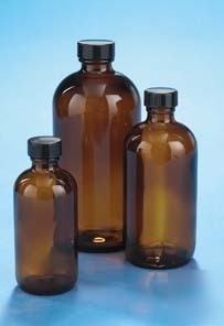 Vwr boston round bottles, amber, narrow mouth