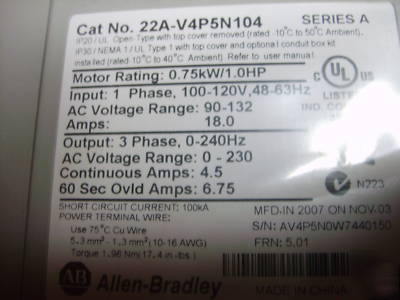 Allen bradley power flex 4 22A-V4P5N104 1HP