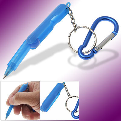 Folding ball point pen w metal carabiner keyring blue