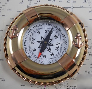 Brass life ring desk compass w/ anchor nautical decor