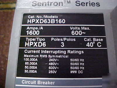 Siemens sentron breaker w/trip HPXD63B160 1600A e-89