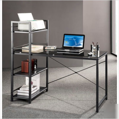 Glass top computer desk w 4-shelf metal bookcase