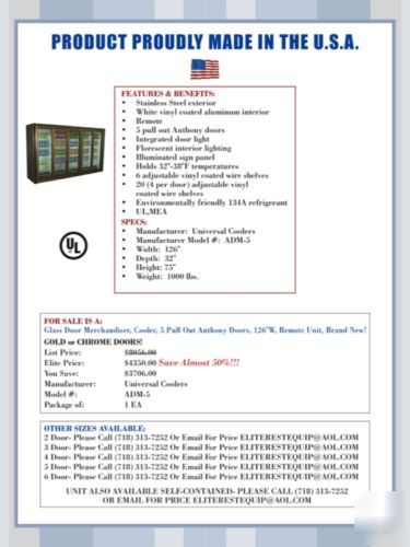 New 5-glass swing door merchandiser cooler refrigerator