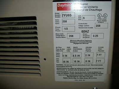 Dayton 2YU65 fan forced electric unit heater 5 kw 208V 