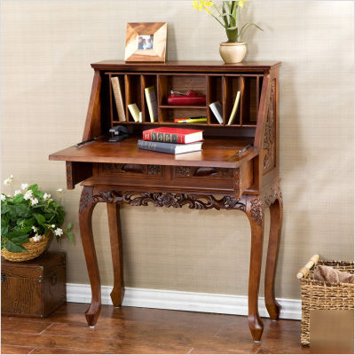 Sei hand carved drop front desk natural stained cherry